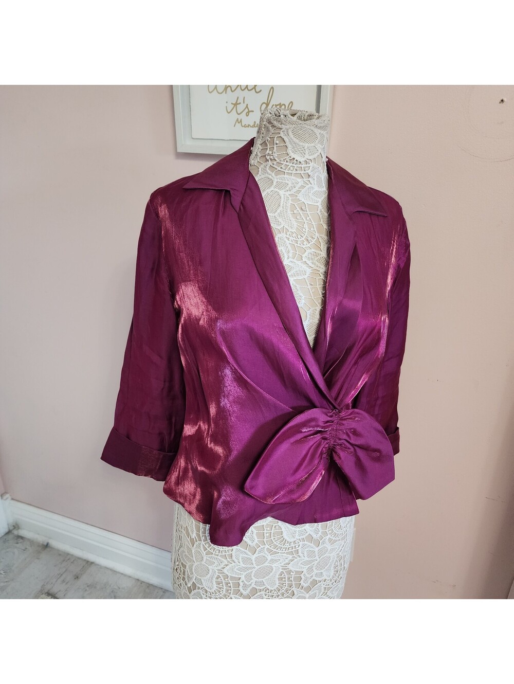 Ronnie Nicole by Ouida Metallic Purple Burgundy Bow Blouse Size Large